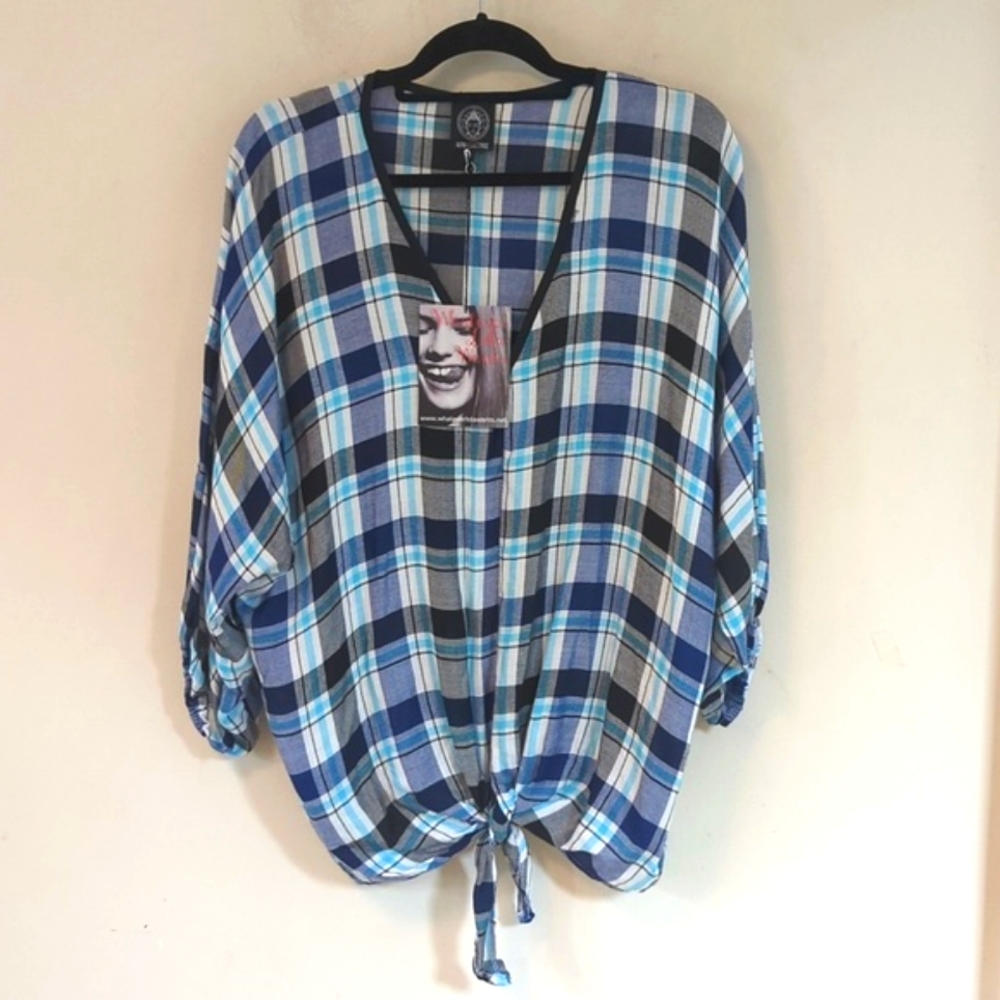 Aum-Couture Oversized Plaid V Neck Tie Front Top M